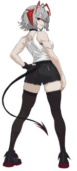 1girl absurdres alternate_costume antenna_hair arknights belt black_belt black_shoes black_shorts black_thighhighs breasts commentary commission demon_horns demon_tail english_commentary fingerless_gloves from_behind full_body gloves grey_hair highres horns looking_at_viewer looking_back parted_lips red_eyes red_horns shoes short_hair short_shorts shorts simple_background solo standing tail thighhighs totalmajorweeb w_(arknights) white_background white_shoes