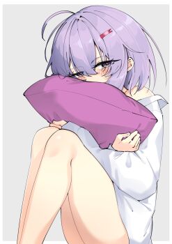 a.i._voice absurdres bare_legs bare_shoulders blush commentary_request hair_ornament hairpin half-closed_eyes highres hugging_object long_sleeves looking_at_viewer pillow purple_hair shirt short_hair simple_background sleeves_past_wrists voiceroid white_shirt yuzuki_yukari yuzuki_yukari_(shizuku) zooanime