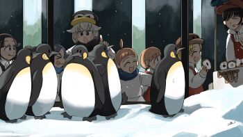 &gt;_&lt; 6+girls absurdres animal-themed_food bird black_hair black_scarf blonde_hair blue_hair blue_scarf bob_cut_twin_(diva) brown_hair commentary diva_(hyxpk) donut donut_stamp doughnut_seller_(diva) duck english_commentary food girl_with_fangs_(diva) grey_hair hat highres hood hood_down hoodie king_penguin multiple_girls overalls penguin penguin_fan_(diva) penguin_hat penguin_keeper_(diva) queue red_hat red_overalls scarf shirt slice_of_life topknot_twin_(diva) white_hoodie white_shirt zoo zookeeper zookeepers_(diva)