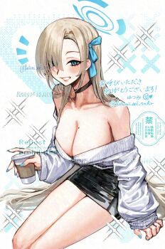 1girl absurdres asuna_(blue_archive) bare_shoulders black_skirt blonde_hair blue_archive blue_eyes blue_halo blush breasts choker cleavage collarbone commentary_request cup grin hair_over_one_eye halo hatsumi_aoi highres holding holding_cup large_breasts long_hair looking_at_viewer mole mole_on_breast off-shoulder_sweater off_shoulder sitting skirt smile solo sweater thighs twitter_username very_long_hair watermark white_sweater