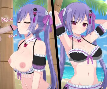 1boy 1girl after_fellatio arm_garter arms_behind_head arms_up assault_lily bar_censor bare_shoulders bikini bikini_pull bikini_top_pull blue_sky blurry blurry_background blush breasts breasts_out censored closed_eyes closed_mouth clothed_sex clothes_pull cloud collarbone commentary_request cum cum_in_mouth cum_on_body cum_on_hair day ejaculation facial frilled_bikini frilled_ribbon frills front-tie_bikini_top front-tie_top hair_ornament hair_ribbon haniwa_(kiminozorazio) heart heavy_breathing hetero highres horizon jewelry large_breasts long_hair looking_at_viewer male_pubic_hair matsumura_fuuka multiple_views navel nipples official_alternate_costume out_of_frame outdoors palm_tree parted_lips pendant penis pink_eyes pink_ribbon pubic_hair purple_hair ribbon ribbon-trimmed_bikini ribbon_trim see-through_bikini see-through_clothes sky solo_focus sparkle spoken_heart standing stomach sweat swimsuit tassel tassel_hair_ornament testicles translation_request tree twintails twitching_penis upper_body very_long_hair water