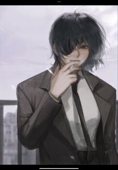 1girl black_hair black_necktie chainsaw_man cigarette eyepatch formal_clothes highres himeno_(chainsaw_man) holding holding_cigarette jacket necktie smoke smoking solo suit suit_jacket yuuyuyuraru
