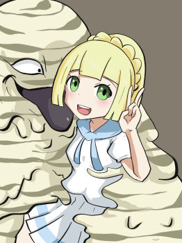 1boy 1girl green_eyes lillie_(pokemon) shikkui_kenta simple_background v