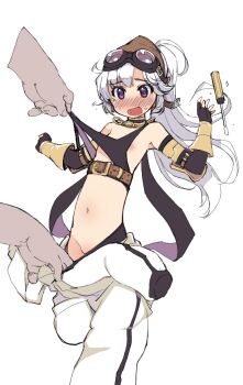 1boy 1girl areola_slip armor bikini black_bikini black_gloves blush commentary_request elbow_gloves fingerless_gloves flat_chest foot_out_of_frame fruit_(ragnarok_online) gloves goggles goggles_on_head groin high_ponytail jumpsuit jumpsuit_around_waist long_hair mechanic_(ragnarok_online) mil_(xration) navel nose_blush open_mouth ponytail purple_eyes ragnarok_online screwdriver simple_background solo_focus swimsuit undressing_another vambraces white_background white_hair white_jumpsuit yellow_armor