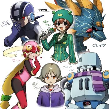 2girls 3boys angry black_bodysuit black_eyes blonde_hair blue_helmet blush blush_stickers bodysuit boots breasts brown_hair character_name coldman.exe dark_megaman.exe dark_persona gloves green_eyes gregar_(mega_man) hat heart helmet highres holding holding_microphone humanoid_robot jacket leotard long_hair looking_at_viewer mega_man_(series) mega_man_battle_network_(series) mega_man_battle_network_2 mega_man_battle_network_4 mega_man_battle_network_5 mega_man_battle_network_6 microphone multiple_boys multiple_girls netnavi non-humanoid_robot noro_zt open_mouth orange_eyes pink_bodysuit pink_helmet pink_leotard purple_helmet purple_jacket purple_scarf red_eyes ribitta_(mega_man) robot robot_animal roll.exe_(mega_man) scarf sean_obihiro_(mega_man) short_hair simple_background smile spiked_hair white_background