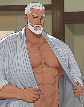 1boy abs bara beard blue_eyes facial_hair flower full_beard highres indoors looking_down male_focus mature_male muscular muscular_male old old_man open_clothes open_robe original robe rose sa1k0p short_hair solo striped_clothes striped_robe undressing upper_body white_flower white_hair white_rose
