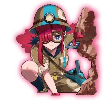 1girl alpha_transparency arm_up artist_request asymmetrical_bangs bag belt between_fingers black_hair blue_eyes blue_socks breast_pocket bright_pupils brown-framed_eyewear brown_shirt brown_shoes brown_shorts buttons card closed_mouth collared_shirt copyright_name cropped_legs female_focus flat_chest gloves goggles great_earth_hunter_(pokemon) hair_over_one_eye headlamp helmet holding holding_card knee_up long_hair looking_at_viewer multicolored_hair nintendo official_art on_one_knee one_eye_covered outline pith_helmet pocket poke_ball poke_ball_(basic) pokemon pokemon_card pokemon_tcg red_gloves red_hair red_outline rock shirt shoes short_sleeves shorts shoulder_bag sidelocks simple_background socks solo transparent_background two-tone_hair two-tone_helmet white_pupils