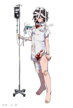 1girl alternate_eye_color bandages bandaid bandaid_on_knee bandaid_on_leg black_hair blood blood_on_clothes bracelet full_body hat heart-shift_bracelets highres intravenous_drip jewelry looking_at_viewer momijiyama_teru n-villio nurse_cap red_eyes shirt shy_(series) simple_background takatisakana white_background white_hat white_shirt