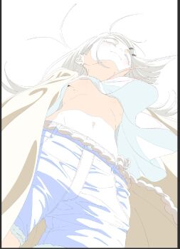 1girl belt blue_shorts breasts brown_belt brown_robe camisole camisole_lift closed_eyes closed_mouth clothes_lift colored_eyelashes commentary_request denim denim_shorts earrings flat_chest flipped_hair floating_hair from_below gakuen_idolmaster grey_hair hair_ornament hairclip highres idolmaster jewelry long_hair long_sleeves looking_ahead no_bra open_clothes open_robe papiyon1297 parallel_hairclips robe rope_belt shinosawa_hiro shorts simple_background solo stomach stud_earrings underboob upshirt white_background white_camisole wind wind_lift