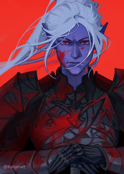 Rule 34 | 1girl, armor, baldur's gate, baldur's gate 3, blood, blood on face, breastplate, colored skin, commentary, dark elf, dungeons & dragons, elf, english commentary, floating hair, gauntlets, highres, kanaewit, looking at viewer, mature female, medium hair, minthara, neck tattoo, own hands together, pointy ears, purple skin, red background, serious, simple background, solo, straight-on, tattoo, twitter username, upper body, white hair