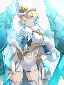 1girl absurdres blonde_hair blue_eyes blue_hair breasts clear_glass_(mildmild1311) commentary_request fire_emblem fire_emblem_heroes fjorm_(fire_emblem) gradient_hair hat highres holding holding_polearm holding_weapon ice jewelry medium_breasts multicolored_hair necklace nintendo polearm solo spear thighhighs thighs watermark weapon white_hat white_thighhighs