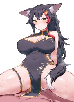 1boy 1girl absurdres animal_ear_fluff animal_ears black_dress black_hair breasts china_dress chinese_clothes cleavage_cutout clothed_female_nude_male clothing_cutout commentary_request covered_erect_nipples covered_navel deaver double-parted_bangs dress flipped_hair girl_on_top gluteal_fold gold_trim hair_ornament hairclip hetero highres hololive large_breasts long_hair nude ookami_mio pelvic_curtain ponytail red_streaks sidelocks simple_background sleeveless sleeveless_dress solo straddling tail tail_around_own_leg thigh_strap very_long_hair virtual_youtuber white_background wolf_ears wolf_girl wolf_tail yellow_eyes