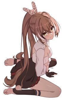 Rule 34 | 1girl, absurdres, black gloves, black hair, breasts, brown eyes, brown hair, brown skirt, cleavage, commentary, feather hair ornament, feathers, feet, gloves, hair ornament, highres, hololive, hololive english, long hair, looking at viewer, multicolored hair, nanashi mumei, nanashi mumei (1st costume), no shoes, partially fingerless gloves, shirt, simple background, sitting, skirt, small breasts, soles, solo, split ponytail, stirrup legwear, streaked hair, textless version, toeless legwear, toes, virtual youtuber, wariza, white background, white hair, white shirt, x xith x