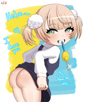1girl absurdres artist_logo artist_name ass bent_over biting blonde_hair blue_background blue_dress blush bottomless clothes_lift cowboy_shot crime_prevention_buzzer dot_nose dress dress_lift english_text eyebrows eyelashes female_focus flat_chest from_behind green_eyes grin highres indie_virtual_youtuber lifting_own_clothes logo loli long_sleeves looking_at_viewer looking_back mesugaki multicolored_background naughty_face no_panties radiosylent shigure_ui_(vtuber) shigure_ui_(young)_(vtuber) shirt short_hair short_twintails simple_background sleeveless sleeveless_dress smile smug solo standing twintails virtual_youtuber white_background white_shirt yellow_background