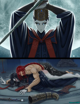 1boy 1girl absurdres black_hair blue_eyes blush closed_eyes clothed_sex colored_skin defeat elden_ring fromsoftware hetero highres holding holding_weapon iiimp instant_loss long_hair looking_at_viewer lying lying_on_person muscular muscular_male on_person pale_skin radagon_of_the_golden_order red_hair rennala_queen_of_the_full_moon sex sex_from_behind slap_mark sword trembling weapon white_skin