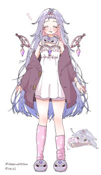 1girl :3 absurdres animal_print bangs_pinned_back blush cat_print chest_jewel closed_eyes closed_mouth commentary detached_wings drooling facing_viewer full_body hair_flaps hashtag highres hololive hololive_english hug jacket koseki_bijou long_hair messy_hair mochigome_(h0_pj) multiple_views open_clothes open_jacket paw_print pink_socks purple_hair saliva simple_background sleep_mask sleeping sleepwear sleepy socks spoken_zzz squeans straight-on symbol-only_commentary twitter_username white_background wings zzz