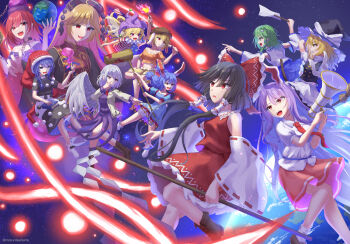 6+girls american_flag american_flag_dress american_flag_print animal_ears anniversary apron ascot black_capelet black_dress black_hat black_shirt black_vest blob blonde_hair blue_dress book boots bow bowtie braid broom broom_riding brown_boots brown_hair brown_hat capelet chain clothes_writing clownpiece collared_shirt commentary_request covering_own_mouth crescent crescent_pin crescent_print dalachi_(headdress) dango danmaku detached_sleeves doremy_sweet dream_soul dress earth_(ornament) earth_(planet) fairy fairy_wings feathered_wings flag_print flat_cap floppy_ears food frilled_bow frilled_hair_tubes frills frog_hair_ornament gohei gold_chain green_eyes green_hair grey_hair grey_wings grin gun hair_bow hair_ornament hair_tubes hakurei_reimu half_up_braid hand_over_own_mouth hat hat_bow hecatia_lapislazuli highres holding holding_gohei holding_gun holding_mallet holding_torch holding_weapon jacket jester_cap junko_(touhou) kine kirisame_marisa kishin_sagume kochiya_sanae lace-up_boots legacy_of_lunatic_kingdom long_hair long_sleeves lunatic_gun mallet midriff mizunisabano multiple_girls neck_ribbon necktie nightcap off-shoulder_shirt off_shoulder official_alternate_costume open_clothes open_jacket open_mouth orange_shirt pink_skirt planet polka_dot polka_dot_headwear pom_pom_(clothes) puffy_short_sleeves puffy_sleeves purple_ascot purple_dress purple_eyes purple_hair purple_hat rabbit_ears rabbit_girl red_bow red_bowtie red_eyes red_hair red_hat red_necktie red_skirt red_tabard reisen_udongein_inaba ribbon ribbon-trimmed_sleeves ribbon_trim ringo_(touhou) seiran_(touhou) shirt short_sleeves shorts single_wing skirt skirt_set smile snake_hair_ornament socks space star_(sky) star_(symbol) star_print striped_clothes striped_dress t-shirt tabard torch touhou twitter_username two-tone_dress underworld_(ornament) very_long_hair vest wagashi waist_apron weapon white_apron white_bow white_dress white_shirt white_socks wings witch_hat yellow_ascot yellow_ribbon yellow_shorts