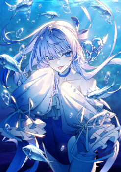 Rule 34 | 1girl, absurdres, blue choker, blue eyes, blue one-piece swimsuit, bubble, choker, covered navel, fate/grand order, fate (series), fish, highres, long hair, meltryllis, meltryllis (fate), meltryllis (swimsuit lancer) (fate), meltryllis (swimsuit lancer) (second ascension) (fate), one-piece swimsuit, purple hair, sleeves past fingers, sleeves past wrists, swimsuit, tongue, tongue out, underwater, yangsan (2991076090)