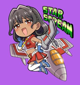 1girl aircraft airplane bag belt black_hair blue_gloves blue_shoes braid character_name chibi chibi_only collared_shirt commentary crop_top cropped_shirt cropped_vest crown_braid curly_hair dark-skinned_female dark_skin elbow_gloves fighter_jet full_body garter_straps genderswap genderswap_(mtf) gloves grey_bag hair_intakes high_heels highres humanization komagoma kotobukiya_bishoujo looking_at_viewer midriff military_vehicle miniskirt necktie open_clothes open_mouth open_vest pink_lips pleated_skirt purple_background red_eyes red_skirt red_vest shirt shoes sidelocks simple_background skirt sleeveless sleeveless_shirt smug solo starscream starscream_(kotobukiya_bishoujo) thigh_strap thighhighs transformers vest white_belt white_shirt white_thighhighs yellow_necktie