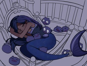 Rule 34 | 1girl, closed eyes, commentary request, cradle, creature, dark-skinned female, dark skin, emptyname0501, full body, highres, indigo keen (rainbow bubblegem), korean commentary, long hair, lying, mermaid, monster girl, on side, purple hair, rainbow bubblegem, sad, tears, unfinished, very dark skin
