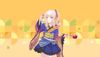 Rule 34 | 1other, akiyama mizuki, bag, candy apple, closed mouth, colorful palette, drill hair, drill ponytail, fish, floral print, floral print kimono, food, frilled kimono, frilled sleeves, frills, game cg, goldfish, gradient clothes, gradient kimono, heart, highres, holding, holding bag, holding candy apple, holding food, japanese clothes, kimono, medium hair, natsu matsuri narihibiku oto wa (project sekai), official alternate costume, official art, pink eyes, print kimono, project sekai, side ponytail, sidelocks, smile, solo, third-party source, triangle, water, wide sleeves, yellow background