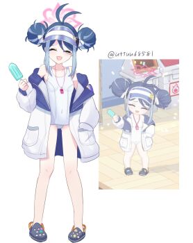 1girl :d ^_^ antenna_hair black_shoes blue_archive blue_hair closed_eyes commentary_request crocs double_bun food fubuki_(blue_archive) fubuki_(swimsuit)_(blue_archive) full_body game_screenshot_inset hair_bun halo highres holding holding_food holding_popsicle jacket jacket_partially_removed looking_at_viewer old_school_swimsuit one-piece_swimsuit open_clothes open_jacket open_mouth pink_halo popsicle reference_inset school_swimsuit shoes simple_background smile solo standing swimsuit uttsu_(yumaviviane) visor_cap white_background white_jacket white_one-piece_swimsuit