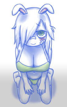 Rule 34 | 1futa, animal ears, bags under eyes, bandaid, bandaid on face, bandaid on nose, barefoot, breasts, bulge, cleavage, closed mouth, from above, futanari, gauze, gauze on cheek, green eyes, green panties, green shirt, huge breasts, large breasts, looking at viewer, medium hair, mentha (menthalovely), midriff, mint (menthalovely), navel, original, panties, rabbit ears, shirt, sitting, smile, solo, underwear, wariza