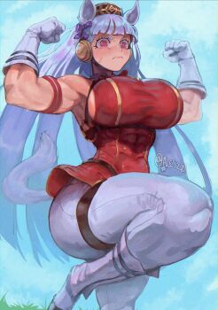 1girl abs animal_ears artist_name boots breasts closed_mouth concentrating dress flexing gabriel_ales gloves gold_ship_(red_strife)_(umamusume) gold_ship_(umamusume) highres horse_ears horse_girl horse_tail large_breasts light_blush long_hair looking_ahead muscular muscular_female pants pink_eyes red_dress serious solo standing standing_on_one_leg sweat tail umamusume very_long_hair white_boots white_gloves white_hair white_pants