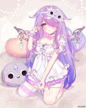 1girl commentary english_commentary full_body gradient_hair grey_hair hair_over_one_eye highres hololive hololive_english hoshiiii_art indoors koseki_bijou_(pebble_pajamas) long_hair looking_at_viewer mask multicolored_hair official_alternate_costume pebble_(koseki_bijou) pink_hair purple_eyes purple_hair shirt short_sleeves sitting solo striped_clothes thighhighs very_long_hair virtual_youtuber white_shirt wings