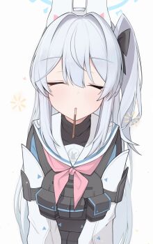 1girl blue_archive blue_halo closed_eyes commentary_request food food_in_mouth hair_intakes halo highres long_hair matchadzuke miyako_(blue_archive) neckerchief one_side_up partial_commentary pink_neckerchief pocky pocky_in_mouth sailor_collar solo very_long_hair white_background white_hair white_sailor_collar
