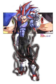 3boys abs absurdres beatlo_(rodrigo38658978) blue_hair boots commentary dragon_ball dragonball_z earrings electricity english_commentary full_body gloves green_eyes highres humanization jewelry long_hair multicolored_hair multiple_boys muscular potara_earrings red_eyes red_hair shadow_the_hedgehog solo_focus sonic_(series) sonic_the_hedgehog spiked_hair toriyama_akira_(style) two-tone_hair white_boots white_gloves