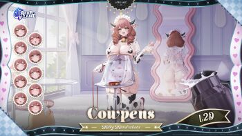 1girl animal_ears animal_print ass azur_lane baby_bottle bottle breasts character_name commentary cow_ears cow_horns cow_print cowpens_(azur_lane) cowpens_(milky_ministrations)_(azur_lane) curvy drill_hair elbow_gloves english_commentary false_smile full_body garter_straps gloves heart heart-shaped_pupils highres holding holding_bottle horns huge_ass huge_breasts kneeling long_hair looking_at_viewer maid maid_headdress mirror multiple_expressions navel official_alternate_costume official_art open_mouth pink_eyes puffy_short_sleeves puffy_sleeves red_shoes reflection second-party_source shaded_face shoes short_sleeves smile solo stomach symbol-shaped_pupils thighhighs tongue tongue_out unconventional_maid white_garter_straps white_gloves white_thighhighs