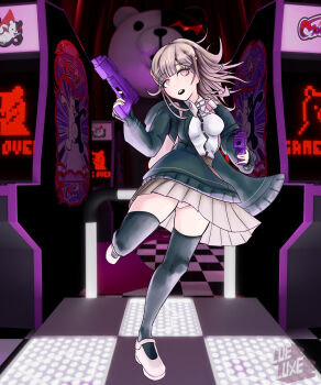 1girl absurdres arcade_cabinet breasts brown_skirt collared_shirt dance_pad danganronpa_(series) danganronpa_2:_goodbye_despair flipped_hair game_over gun hair_ornament highres holding holding_gun holding_weapon hood jacket long_sleeves lueluxe medium_hair monokuma nanami_chiaki neck_ribbon open_clothes open_jacket pink_eyes pink_ribbon ribbon shirt skirt solo thighhighs weapon white_shirt