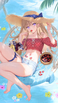 1girl bare_legs barefoot basket blue_shorts blueberry blush bottle braid brown_hair brown_hat collarbone commentary cutoffs day denim denim_shorts english_commentary flower food food_in_mouth from_above fruit hammock hand_on_headwear hat hat_ribbon highres long_hair lying mignon mouth_hold navel on_back on_hammock original outdoors polka_dot polka_dot_shirt purple_eyes red_tube_top ribbon shirt short_shorts shorts side_braid solo strapless straw_hat strawberry thigh_strap toes tube_top water