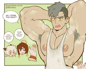 3boys all_saints_street animal_ears armpit_hair armpits arms_behind_head bara beanie brown_hair commentary damao_(all_saints_street) disembodied_hand earflap_beanie english_commentary english_text eyebrow_cut facial_hair fang fang_out goat_ears goat_horns goatee_stubble grey_hair hat highres horns ira_blood large_pectorals male_focus multiple_boys muscular muscular_male neil_bowman nipples outside_border pectorals red_eyes short_hair speech_bubble stringer stubble sweat syaoran_(0027) yaoi yellow_eyes