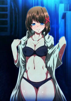 1girl black_bra black_panties blue_eyes blush bra breasts brown_hair cleavage collarbone hair_ornament highres indoors large_breasts looking_at_viewer lyrical_nanoha mahou_shoujo_lyrical_nanoha_strikers navel panties pussy_juice shirt short_hair smile solo sweat tappa_(esperanza) underwear undressing white_shirt x_hair_ornament yagami_hayate