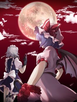 2girls apron ascot back_ribbon bat_wings black_gloves blue_hair bow braid embodiment_of_scarlet_devil from_behind gloves grey_hair hair_bow hair_ribbon hat hat_ribbon highres izayoi_sakuya maid maid_apron maid_headdress mob_cap moon moonlight multiple_girls pink_hat puffy_short_sleeves puffy_sleeves red_ascot red_moon red_sky remilia_scarlet ribbon short_hair short_sleeves signature sky tayutai_(user_xruy3332) thigh_strap touhou twin_braids umbrella wings wrist_cuffs