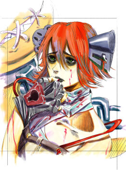 1girl 1other a.b.a bags_under_eyes bandaged_neck bandaged_torso bandages bare_shoulders biting biting_own_thumb black_gloves black_lips blood blood_on_arm blood_on_body blood_on_face chain collarbone commentary_request crop_top cropped_torso fingerless_gloves flipped_hair gloves green_eyes guilty_gear hair_between_eyes highres key key_in_head object_through_head paracelsus_(guilty_gear) portrait raised_inner_eyebrows red_hair sharp_teeth short_hair simple_background stitched_mouth stitches storyteller777 teeth white_background