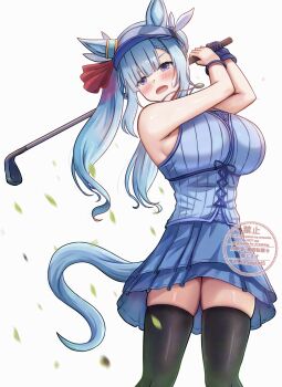 Rule 34 | 1girl, absurdres, alternate costume, alternate hairstyle, animal ears, ball, blue hair, blue skirt, blush, breasts, commentary request, golf, golf club, grass, highres, holding, holding golf club, horse ears, horse girl, horse tail, large breasts, lio (maguri), long hair, mejiro ardan (umamusume), minna no golf, outdoors, pakatube, playing sports, polo shirt, purple eyes, shirt, sideboob, simple background, skirt, sleeveless, sleeveless shirt, smile, solo, swinging golf club, tail, twintails, umamusume, umamusume: cinderella gray, visor cap, white background