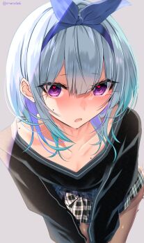 1boy adam&#039;s_apple aqua_hair ass black_sweater blue_hair blue_hairband blue_ribbon blush breasts brown_pantyhose choppy_bangs collarbone colored_inner_hair crossdressing crossdressing_(mtf) grey_skirt hair_between_eyes hairband hands_on_own_knees heart heart_in_eye highres leaning_forward legs_together long_sidelocks long_sleeves looking_at_another looking_at_viewer makeup male_focus medium_hair microskirt mole mole_on_breast mole_on_cheek mole_on_shoulder multicolored_hair open_mouth original pantyhose piercing_hole plaid_clothes plaid_ribbon plaid_skirt pleated_skirt pov purple_eyes raised_inner_eyebrows ribbon ribbon-trimmed_hairband ribbon-trimmed_skirt ribbon_trim shisei_(kyuushoku_banchou) sidelocks simple_background skirt sleeves_past_wrists solo speech_bubble standing straight_hair sweater symbol_in_eye thighs trap v-neck v_arms variant_set