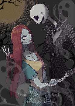 1boy 1girl absurdres formal_clothes highres jack_skellington jacket long_hair long_sleeves patchwork_clothes pinstripe_pattern pinstripe_suit pinstripe_vest sally_(nbc) short_hair skeleton smile stitches striped_clothes suit the_nightmare_before_christmas user_htxp7222 vest
