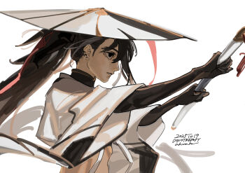 1girl akiraka_(n_l_m_g) black_eyes black_gloves brown_hair drawing_sword earrings fate/grand_order fate_(series) gloves grey_hair hat highres holding holding_sword holding_weapon japanese_clothes jewelry katana kawakami_gensai_(fate) kawakami_gensai_(third_ascension)_(fate) long_hair multicolored_hair ponytail solo streaked_hair sword upper_body weapon white_hair white_hat