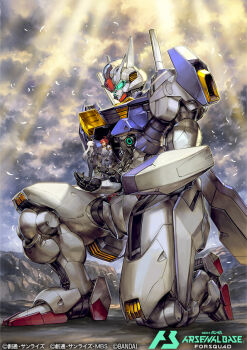 2girls ahoge card_(medium) copyright_logo copyright_name copyright_notice gundam gundam_aerial gundam_arsenal_base gundam_suisei_no_majo logo long_hair mecha miorine_rembran mobile_suit multiple_girls official_art red_hair robot shishizaru suletta_mercury v-fin white_hair