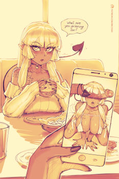 1futa 1girl arm_tattoo bbc-chan bikini blunt_bangs blush borrowed_character breast_rest breasts burger calixa_(syrila) cellphone choker cleavage commentary covered_erect_nipples dark_skin demon_tail diner english_commentary english_text female_pov food food_on_face futa_with_female futanari heart heart_choker highres holding holding_phone huge_penis juxtaposition kneeling large_breasts looking_at_viewer maeya_(momoda) micro_bikini off-shoulder_sweater off_shoulder original penis penis_awe penis_on_face penis_over_eyes phone photo_(object) photo_comparison pointy_ears pov precum prehensile_tail ribbed_sweater saliva saliva_trail sepia shoulder_tattoo smartphone solo_focus speech_bubble sweater swimsuit tail tailjob tattoo uncensored