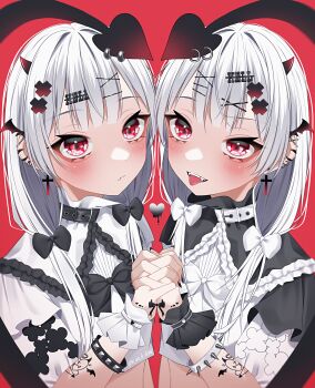 2girls absurdres arm_tattoo barbell_piercing blush bow bracelet collar commentary crop_top cross cross_earrings demon_girl demon_horns demon_tail ear_piercing earrings fang fang_out fangs fingernails hair_bow hair_ornament hairclip head_wings heart high_collar highres holding_hands horns industrial_piercing jewelry long_fingernails looking_at_viewer low_twintails multiple_girls multiple_piercings nail_polish open_mouth original piercing red_background red_eyes short_sleeves spiked_bracelet spikes studded_bracelet tail tail_ornament tail_piercing tattoo tongue tongue_out twintails upper_body wanko_(yurika0320) white_hair wings wrist_cuffs x_hair_ornament