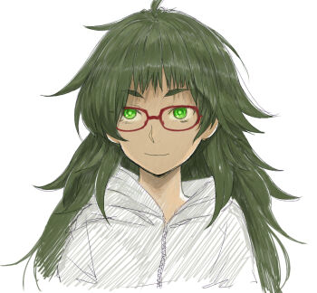 1girl blunt_bangs glasses green_eyes green_hair hiyajou_maho jacket long_hair menomorute ringed_eyes science_adventure simple_background smile solo steins;gate steins;gate_0 upper_body white_background zipper