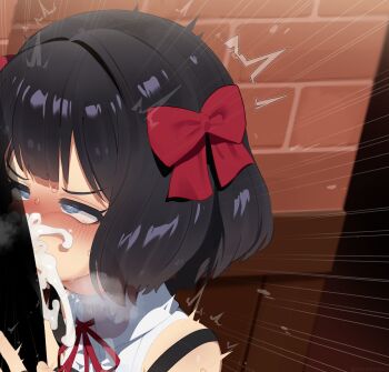 1boy 1girl absurdres black_hair blue_eyes blush bow breasts commentary_request cum cum_in_mouth cum_overflow deepthroat fellatio hair_bow heart heart-shaped_pupils hetero highres large_breasts mizumizuni nageki_no_bourei_wa_intaishitai oral penis red_bow short_hair solo_focus sweat symbol-shaped_pupils tino_shade upper_body