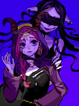 2girls @_@ black_dress black_hair black_lips black_snake blindfold braid dress fiona_gilman floating_hair goat_horns hand_on_another&#039;s_shoulder hand_up head_chain hoge_(n8sss) hood hood_up horns identity_v jewelry looking_at_another middle_part multiple_girls pink_hair pink_lips purple_background purple_eyes purple_hood purple_sleeves purple_theme raised_inner_eyebrows red_hair shrug_(clothing) side_braid single_braid snake snake_wrapped_around_neck sweat upper_body wavy_hair wide_sleeves yidhra_(identity_v)
