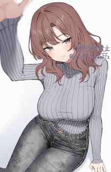 1girl adversarial_noise arm_support arm_up black_pants bluesky_username blurry blush breasts brown_eyes brown_hair casual closed_mouth copyright_notice denim depth_of_field feet_out_of_frame fingernails grey_sweater half-closed_eyes highres jeans large_breasts legs_together long_sleeves looking_at_viewer medium_hair on_floor original pants ribbed_sweater shadow simple_background sitting sleeves_past_wrists smile solo sweater sweater_tucked_in turtleneck turtleneck_sweater white_background yamano_rokamizu yokozuwari