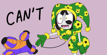 1girl absurdres angry annoyed black_hair blunt_bangs blush_stickers bodysuit clenched_teeth clothes_grab constricted_pupils desperation english_text eye_twitch floral_print flower frown gloves green_bodysuit green_eyes green_gloves hat hat_bell highres hm_artist jester jester_cap motion_lines multicolored_eyes open_mouth pom_pom_(clothes) pomni_(the_amazing_digital_circus) puffy_short_sleeves puffy_sleeves short_sleeves solo teeth the_amazing_digital_circus two-tone_eyes undressing unworn_clothes yellow_eyes yellow_flower